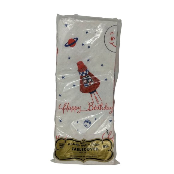 Vintage 1950s Tablecover Happy Birthday Party Rocket Atomic Saturn Outerspace Pr - Picture 1 of 8